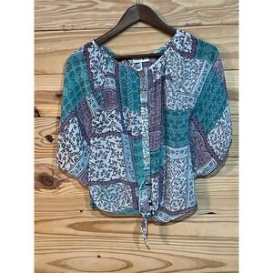 Beautees Blue Green Sheer Boho Paisley Tie Crop Top Blouse Womens Large Coastal